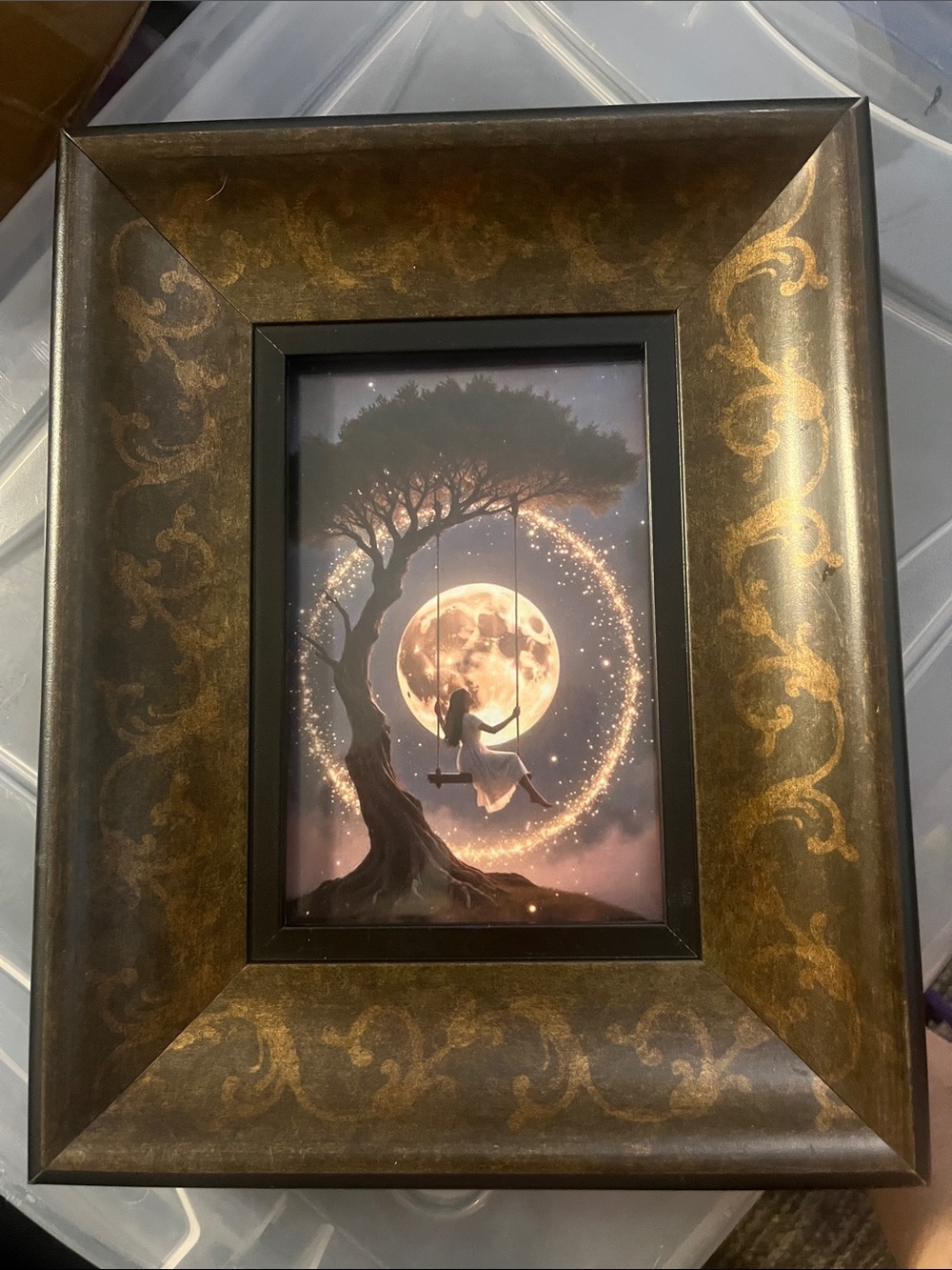 Framed Moonlite Under the stars print with Lady swinging under the Stars 290